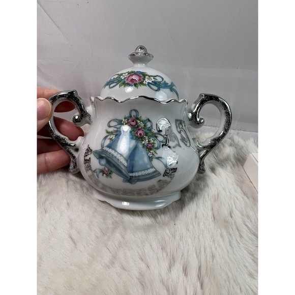 Vtg Norcrest 25th Anniversary Sugar &Creamer Set AN-926 Blue Bells/silver Japan - Picture 6 of 8